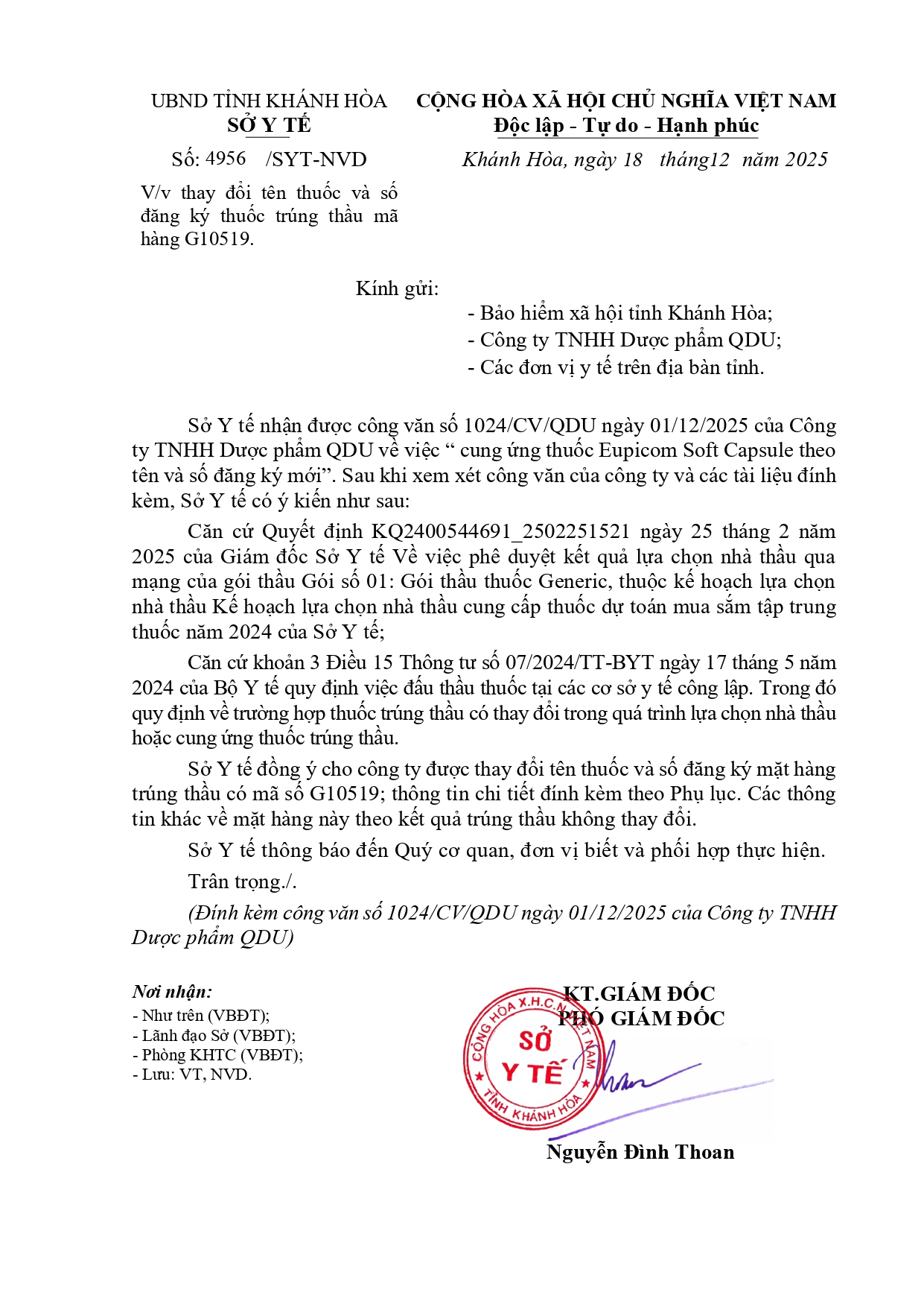 V/v thay đổi tên thuốc và số đăng ký thuốc trúng thầu mã hàng G10519.